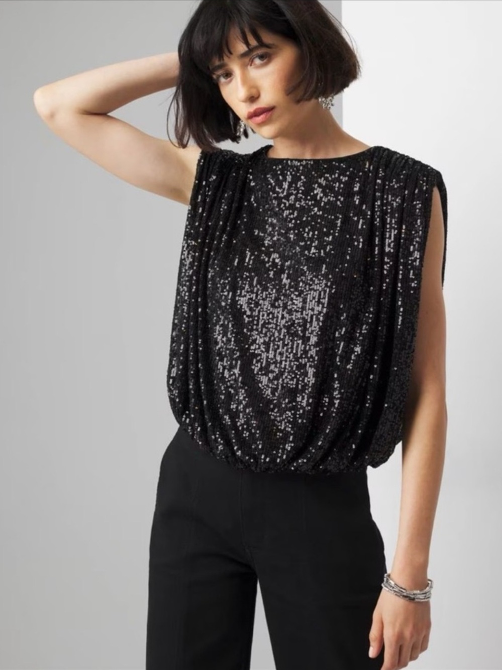 NWT WHBM High Neck Black Sequin Top